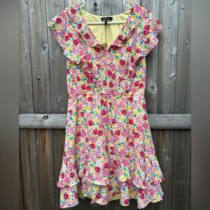 BCBG Paris Yellow Floral Ruffle Dress with Pink White and Red Flowers